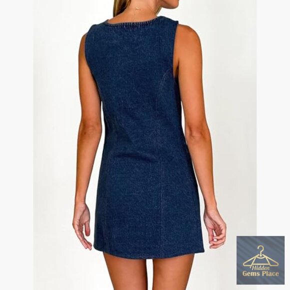 Denim Mini Dress Sleeveless Button Down Pocket Casual Summer - Picture 2 of 7